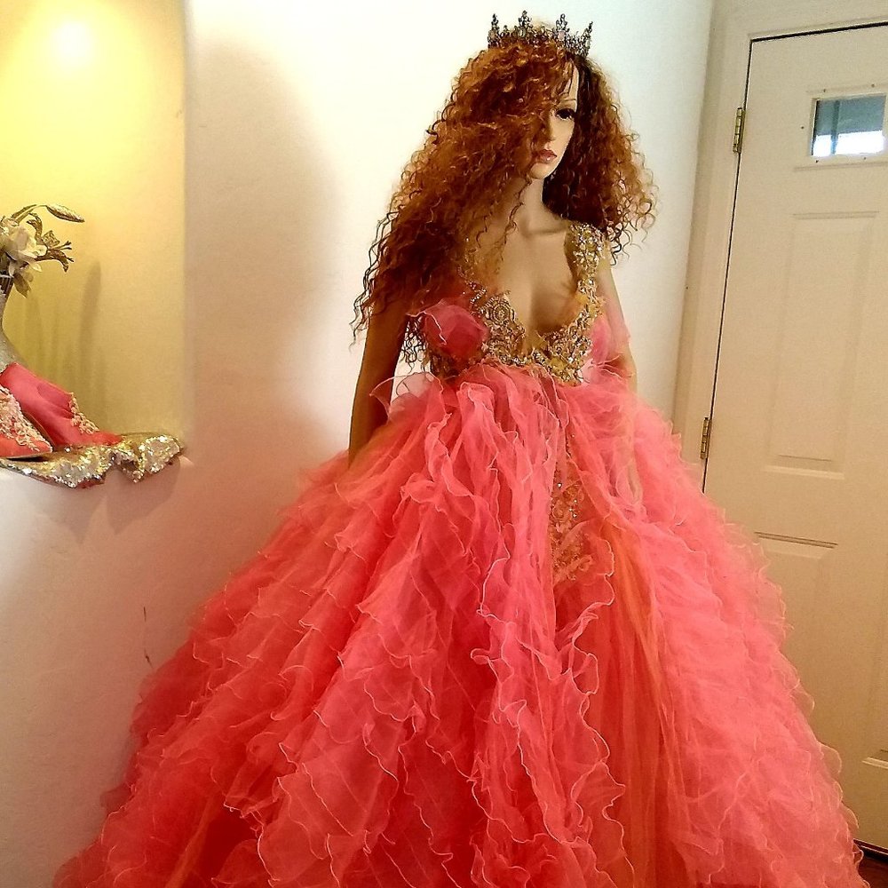 LEXINGTON Coral & Gold Organza Ruffle Lace Woodland Princess Wedding Ballgown